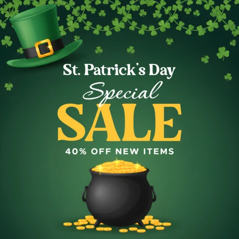 Saint Patrick’s Day Celebration Poster Design Template with Decorative Shamrocks, Leprechaun Hat, and Special Offer