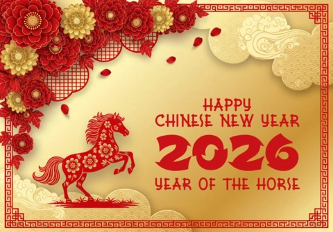 Ano do cavalo 2026, cartão de saudação do Ano Novo Chinês com estilo festivo, com cavalo vermelho, flores douradas e motivos tradicionais.