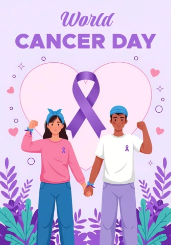 World Cancer Day Awareness Design Template with Supportive Characters and Purple Ribbon for Posters
