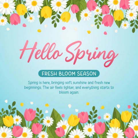 Plantilla de tarjeta de saludo primaveral estacional con borde floral decorativo, tema de flores frescas y cita motivacional.