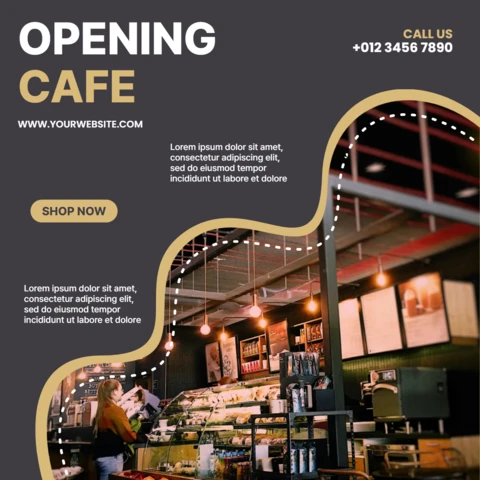 Plantilla de diseño para publicación en redes sociales para promoción de apertura de cafetería barista