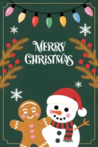 Christmas Greeting Card Snowman and Gingerbread Man with Pine Branches and String Lights On Green Background Design Template