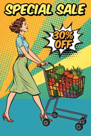 Template de venda de pop art com design de carrinho de compras para cartazes promocionais
