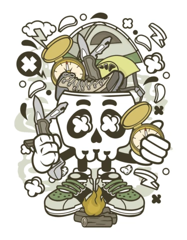 Camp Fire Skull Cartoon Character T-shirt Design Template