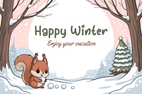 Winter Wonderland Design Template with Cute Squirrel for Holiday Greeting Cards