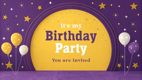 Plantilla de invitación para fiesta de cumpleaños: diseño colorido con globos y estrellas