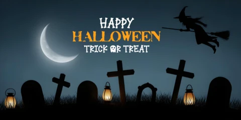 Gespenstische Halloween-Friedhofszene mit Hexe, Mond und Laternenlicht Facebook-Cover-Designvorlage
