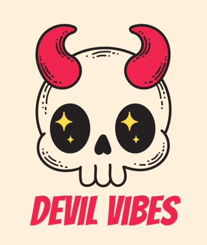 Devil Vibes Skull Cartoon Horned Head with Star Eyes & Bold Red Typography for Dark Streetwear T-Shirt Design Template