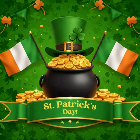 St. Patrick's Day Celebration Design Template with Shamrocks and Gold Coins
