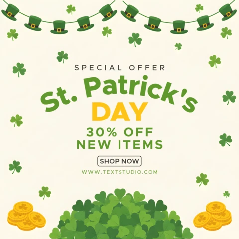 Festive Saint Patrick’s Day Sale Banner Design Template with Shamrocks, Gold Coins, and Promotional Message