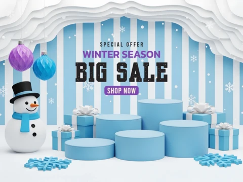 Winter Sale Design Template with Snowman and Gift Boxes for Promotional Flyers