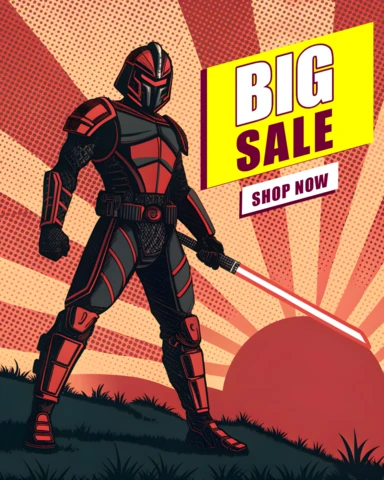 Modèle de vente de style bande dessinée rétro avec personnage de guerrier pour des flyers promotionnels.