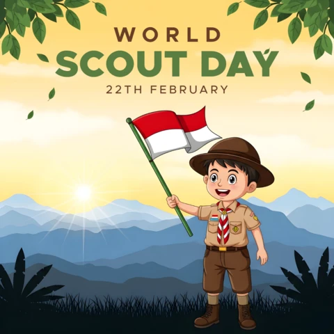 World Scout Day Celebration Template with Boy Scout Holding Flag Design for Event Poster