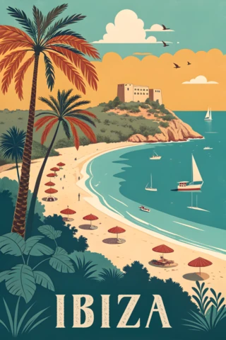 Retro Flat Ibiza Beach Scene Design Template for Travel Posters
