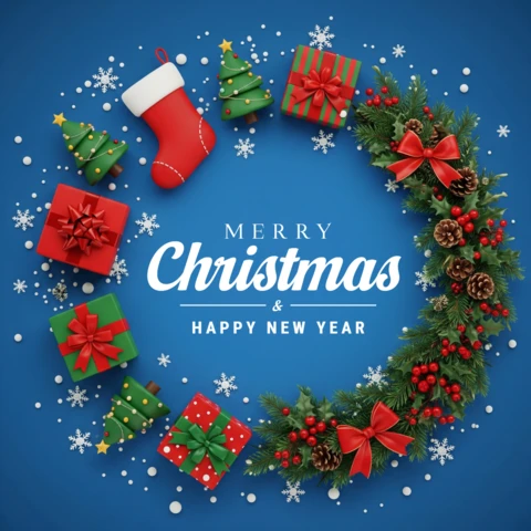 Blue Christmas Greeting Card with Wreath, Gift Boxes, Stocking, and Snowflake Accents