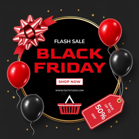 Black Friday Sale Template with Balloons and Bow Design for Promotional Flyers