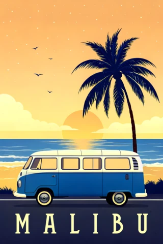 Vintage Beach Vibes Design Template with VW Van and Palm Tree for Posters