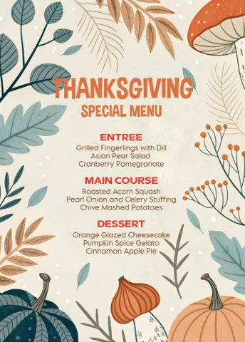 Thanksgiving Menu Design Template with Autumn Leaves and Mushrooms for Festive Dining