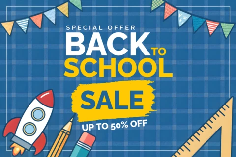 Plantilla de diseño de venta de regreso a clases con cohete y pancartas para volantes promocionales