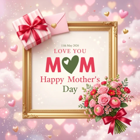 Mother’s Day Greeting Card Poster - Elegant Golden Frame with Roses, Gift Box, and Happy Mother’s Day 2026 Greeting