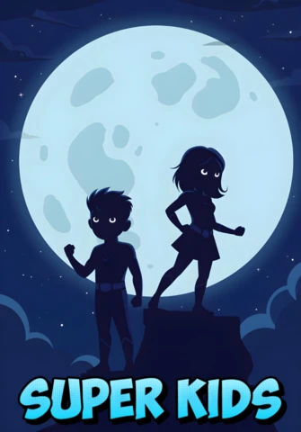 Plantilla de diseño de cartel de siluetas heroicas de superniños con luna llena y cielo estrellado.