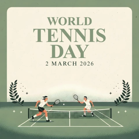 World Tennis Day 2026 Poster with Tennis Players in Action and Laurel Decorations