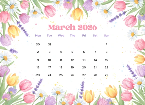 March 2026 Decorative Calendar Poster with Tulips, Daisies, and Spring Blossoms
