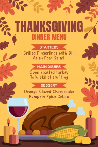Modèle de menu de dîner de Thanksgiving dans un style d'illustration fantaisiste pour la planification d'événements festifs