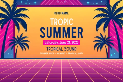 Modèle de design de fête estivale tropicale vibrante pour événements DJ