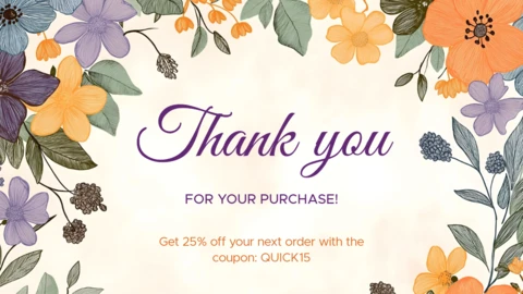 Floral Thank You Card with Purple and Orange Flowers Design Template