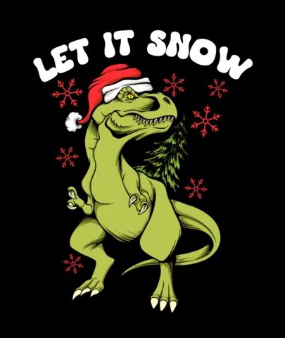 Let It Snow Dinosaur Green T-Rex in Santa Hat with Christmas Tree & Snowflakes T-Shirt Design Template
