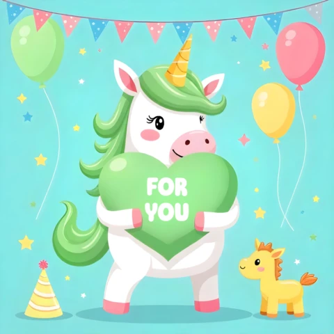 Adorable plantilla de diseño de tarjeta de cumpleaños de unicornio con corazón verde y globos