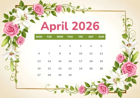April 2026 Calendar Poster — Elegant Green Header with Roses, Lilies, and Decorative Border Theme