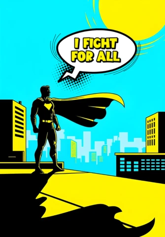 I Fight for All Superhero Rooftop Silhouette with Bold Cityscape & Sun Poster Design Template
