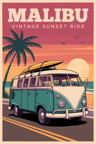 Conception de balade vintage au coucher de soleil pour des affiches sur la vie en van et le voyage.