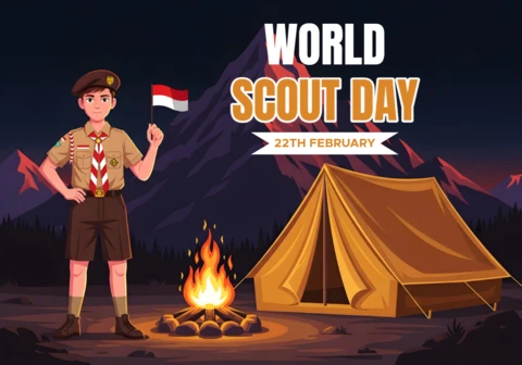 Modèle de célébration de la journée mondiale du scout avec feu de camp et design scout pour affiches