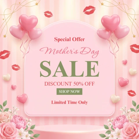 Mother's Day Sale Design Template with Pink Balloons and Floral Elements for Promotional Flyers