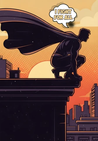 I Fight for All Superhero Silhouette On Rooftop At Sunset Poster Design Template