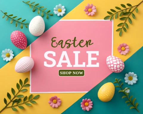 Modello di vendita per Pasqua con elementi floreali e uova colorate