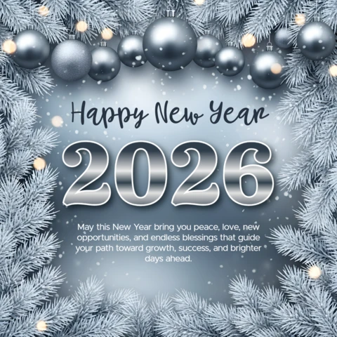 New Year 2026 Greeting Card Template with Silver Ornaments and Frosted Pine Design