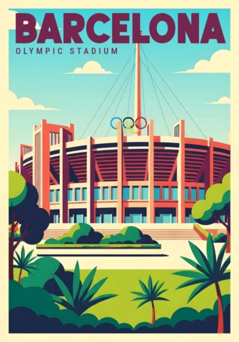 Barcelona Olympiastadion illustrierte Sportstätte mit Ringen und Palmen Reiseposter-Designvorlage