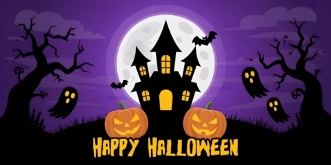 Halloween Graveyard Purple Sky, Haunted Mansion & Creepy Companions Youtube Cover Design Template