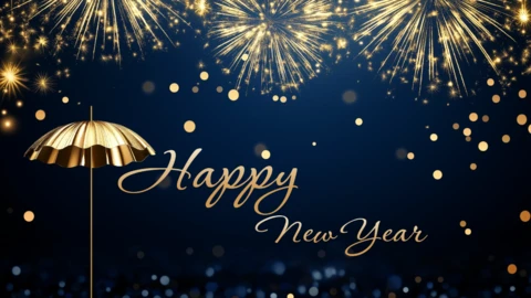 Modelo de cartão de feliz ano novo com fogos de artifício dourados