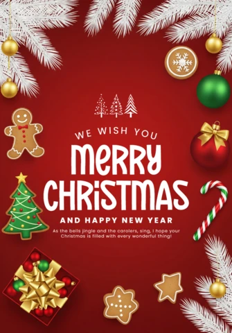 Classic Christmas Card Featuring Red Canvas, Holiday Treats, and Decorative Ornament Border