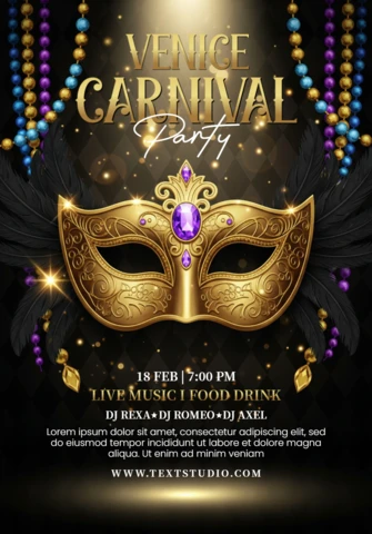 Fiesta de carnaval veneciano, mascarada con máscara dorada con plumas y cuentas coloridas sobre fondo oscuro.