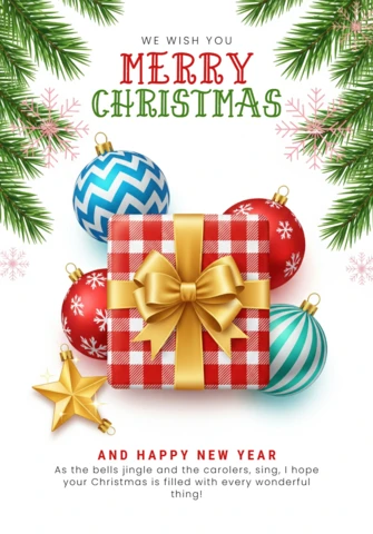 Festive Holiday Card Featuring Gold Star Ornament, Red Berries, and Decorative Christmas Elements