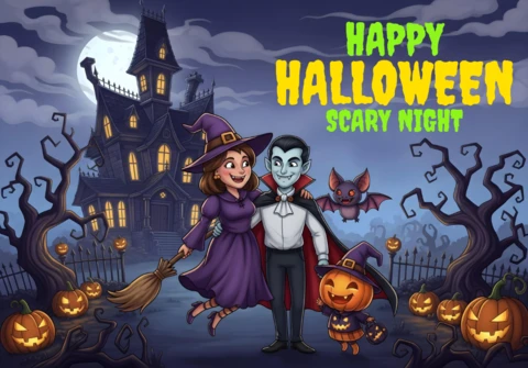 Halloween gruselige Nacht Flyer-Vorlage mit einer Geisterhaus-Szene und dem Design eines Hexen- und Vampir-Duos für festliche Anlässe