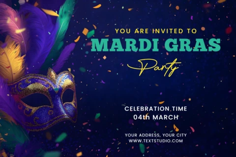 Invitation à la célébration du Mardi gras avec des masques colorés et des confettis