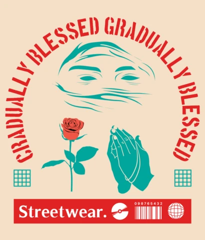 Plantilla de diseño de streetwear con manos, rosas y gráficos inspiradores para prendas.