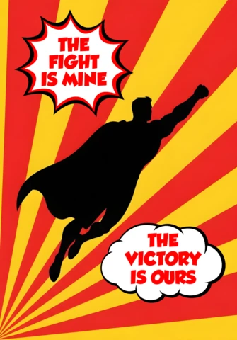 The Fight Is Mine The Victory Is Ours Flying Superhero with Radiant Background Poster Design Template